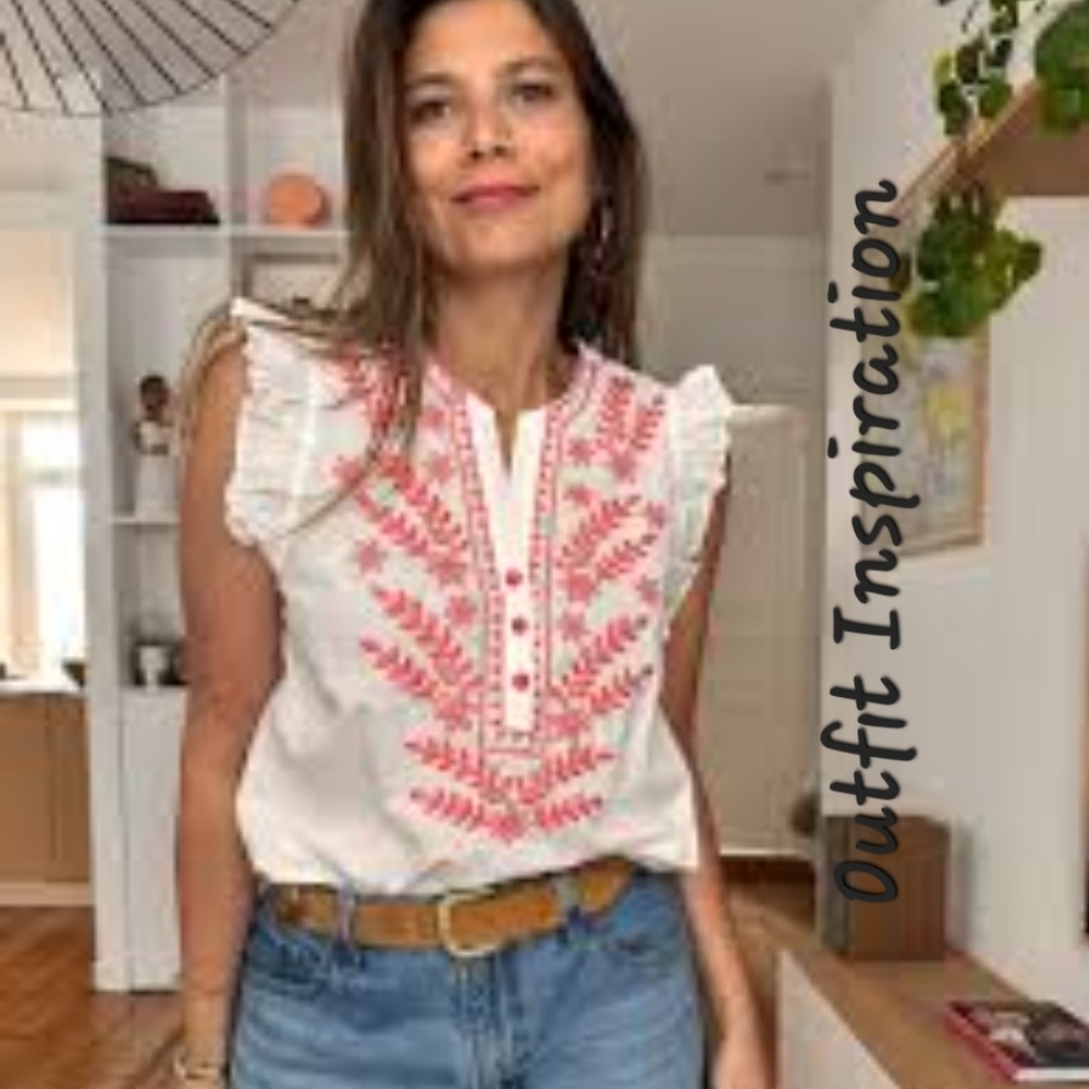 4/$15 Embroidered White and Red Ruffle Sleeve Top Boho Tank Layer Color Year